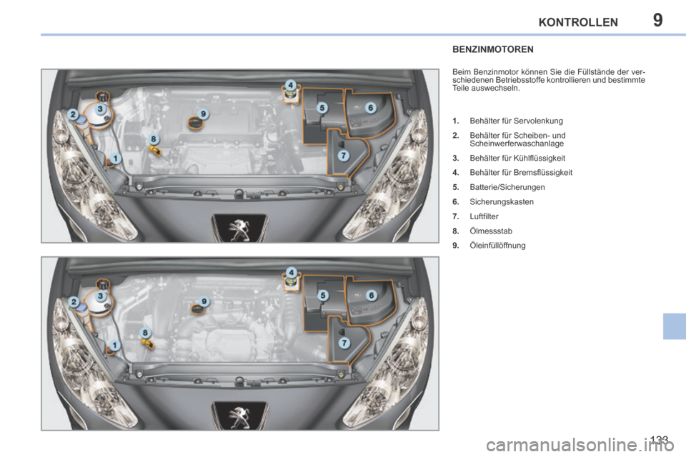 Peugeot 308 CC 2014 Betriebsanleitung (in German) 9
133
KONTROLLEN
BENZINMOTOREN
Beim Benzinmotor können Sie die Füllstände der ver-
schiedenen Betriebsstoffe kontrollieren und bestimmte
Teile auswechseln.
1. Behälter für Servolenkung
Peugeot 308 CC 2014 Betriebsanleitung (in German) 9
133
KONTROLLEN
BENZINMOTOREN
Beim Benzinmotor können Sie die Füllstände der ver-
schiedenen Betriebsstoffe kontrollieren und bestimmte
Teile auswechseln.
1. Behälter für Servolenkung