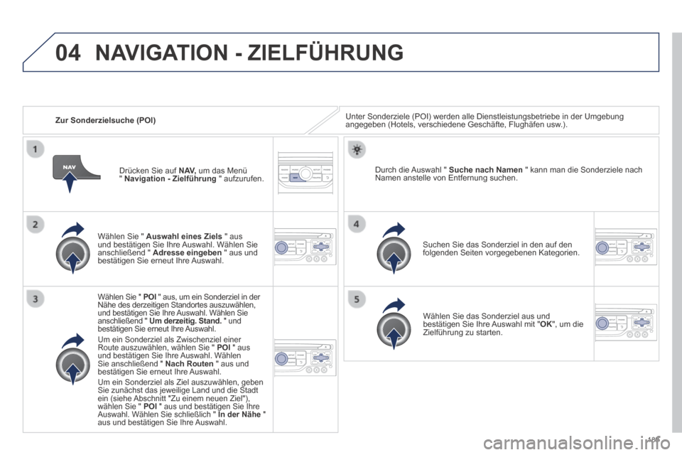 Peugeot 308 CC 2014 Betriebsanleitung (in German) 04
189
Zur Sonderzielsuche (POI) Unter Sonderziele (POI) werden alle Dienstleistungsbetriebe in der Umg\
ebung angegeben (Hotels, verschiedene Geschäfte, Flughäfen usw.).
Wählen Sie " Au Peugeot 308 CC 2014 Betriebsanleitung (in German) 04
189
Zur Sonderzielsuche (POI) Unter Sonderziele (POI) werden alle Dienstleistungsbetriebe in der Umg\
ebung angegeben (Hotels, verschiedene Geschäfte, Flughäfen usw.).
Wählen Sie " Au