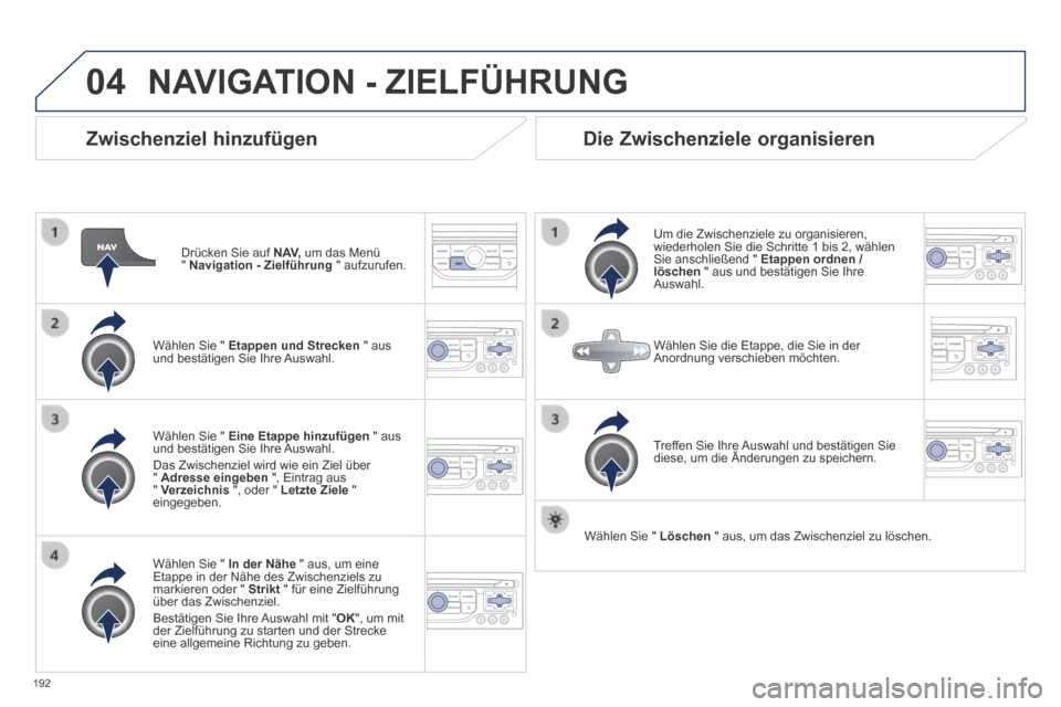 Peugeot 308 CC 2014 Betriebsanleitung (in German) 04
192
Zwischenziel hinzufügen
Drücken Sie auf N AV, um das Menü " Navigation - Zielführung " aufzurufen.
Wählen Sie " Etappen und Strecken " aus und bestätigen Sie Ihre Auswah Peugeot 308 CC 2014 Betriebsanleitung (in German) 04
192
Zwischenziel hinzufügen
Drücken Sie auf N AV, um das Menü " Navigation - Zielführung " aufzurufen.
Wählen Sie " Etappen und Strecken " aus und bestätigen Sie Ihre Auswah