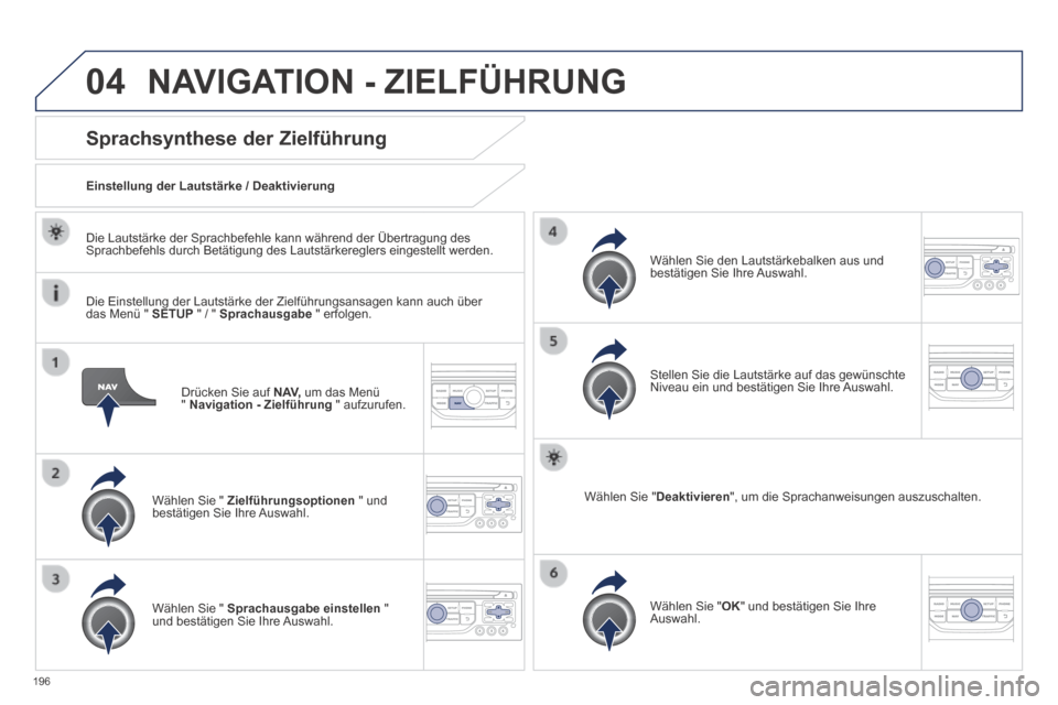 Peugeot 308 CC 2014 Betriebsanleitung (in German) 04
196
Drücken Sie auf N AV, um das Menü " Navigation - Zielführung " aufzurufen.
Sprachsynthese der Zielführung
Wählen Sie " Zielführungsoptionen " und bestätigen Sie Ihre Auswa Peugeot 308 CC 2014 Betriebsanleitung (in German) 04
196
Drücken Sie auf N AV, um das Menü " Navigation - Zielführung " aufzurufen.
Sprachsynthese der Zielführung
Wählen Sie " Zielführungsoptionen " und bestätigen Sie Ihre Auswa