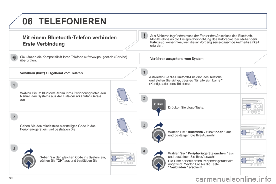 Peugeot 308 CC 2014  Betriebsanleitung (in German) 06
202
 TELEFONIEREN 
Mit einem Bluetooth-Telefon verbinden  
Erste Verbindung 
  Aus Sicherheitsgründen muss der Fahrer den Anschluss des Bluetooth-Mobiltelefons an die Freisprecheinrichtung des Aut