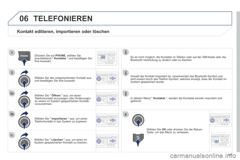 Peugeot 308 CC 2014  Betriebsanleitung (in German) 06
205
  Kontakt editieren, importieren oder löschen 
  Drücken Sie auf  PHONE , wählen Sie anschließend "  Kontakte  " und bestätigen Sie Ihre  Auswahl.  
  Wählen Sie den entsprechenden Kontak