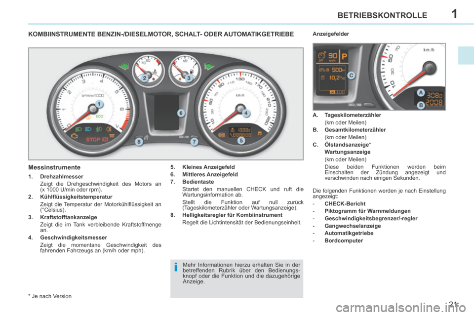 Peugeot 308 CC 2014  Betriebsanleitung (in German) 1
i
21
BETRIEBSKONTROLLE
308cc_de_Chap01_controle de marche_ed01-2013_CA
             KOMBIINSTRUMENTE  BENZIN-/DIESELMOTOR,  SCHALT-  ODER  AUTOMATIKGETRIEBE 
  5.    Kleines Anzeigefeld  
  6.    Mi