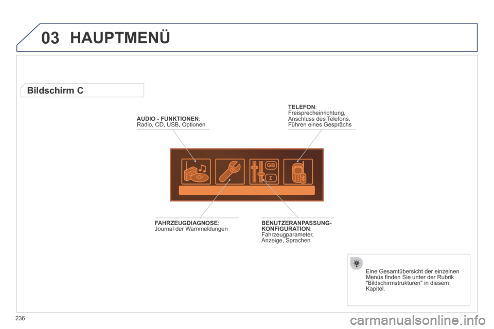 Peugeot 308 CC 2014  Betriebsanleitung (in German) 03
236
 HAUPTMENÜ 
AUDIO    -    FUNKTIONEN : Radio, CD, USB, Optionen  
 Bildschirm  C 
  Eine Gesamtübersicht der einzelnen Menüs ﬁ nden Sie unter der Rubrik "Bildschirmstrukturen" in diesem Ka