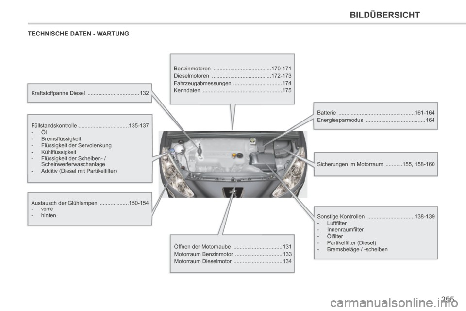 Peugeot 308 CC 2014  Betriebsanleitung (in German) 255
BILDÜBERSICHT
 TECHNISCHE DATEN - WARTUNG  
  Kraftstoffpanne  Diesel  ..................................132  
  Füllstandskontrolle  ................................. 135-137 
   -   Öl 
  -  