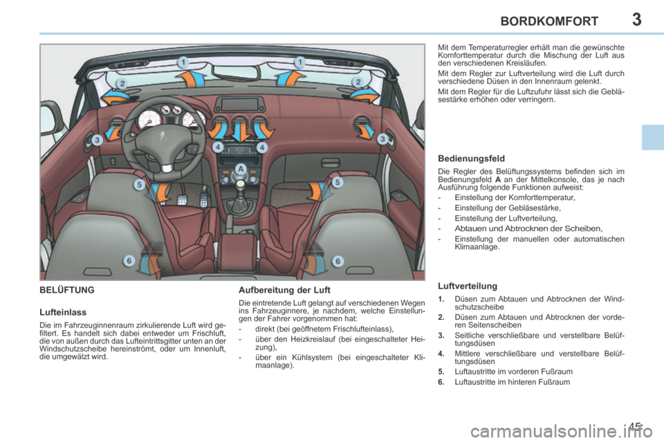 Peugeot 308 CC 2014  Betriebsanleitung (in German) 3
45
BORDKOMFORT
308cc_de_Chap03_confort_ed01-2013_CA
BELÜFTUNG   Aufbereitung  der  Luft 
 Die eintretende Luft gelangt auf verschiedenen Wegen 
ins Fahrzeuginnere, je nachdem, welche Einstellun-
ge