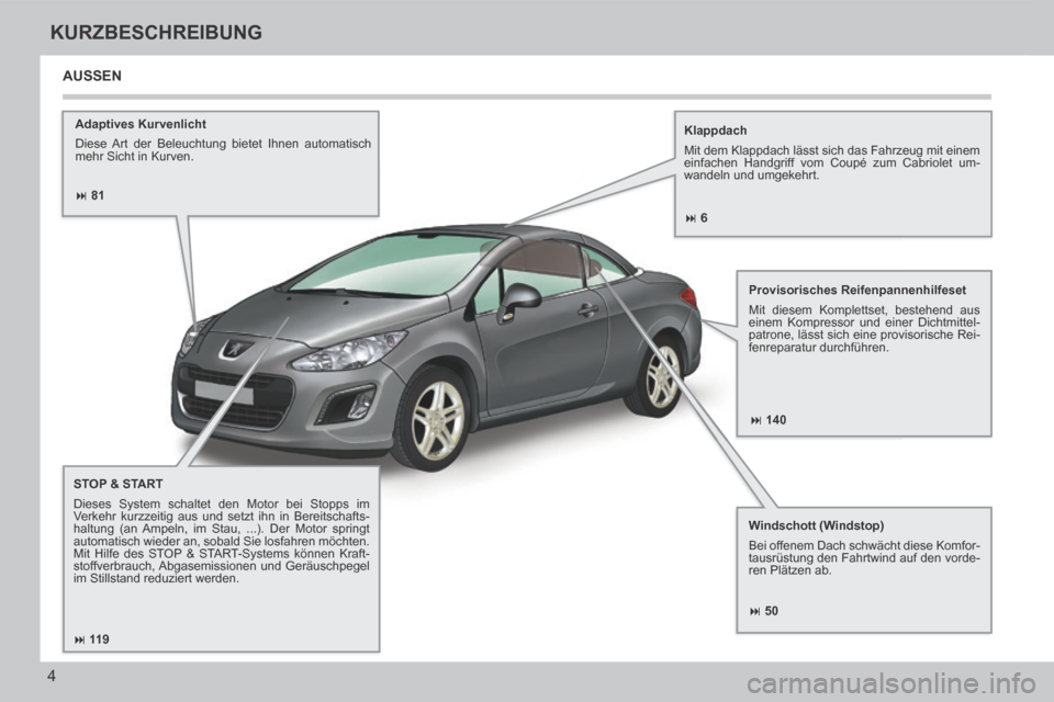 Peugeot 308 CC 2014  Betriebsanleitung (in German)  81 140
 50
 11 9
 6
4
KURZBESCHREIBUNG
308cc_de_Chap00b_prise en main_ed01-2013_CA
  Adaptives  Kurvenlicht 
 Diese Art der Beleuchtung bietet Ihnen automatisch 
mehr Sicht in Kurven. 