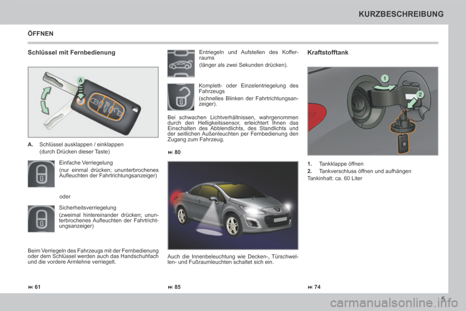 Peugeot 308 CC 2014  Betriebsanleitung (in German)  61 85 74
 80
5
KURZBESCHREIBUNG
308cc_de_Chap00b_prise en main_ed01-2013_CA
  Schlüssel  mit  Fernbedienung 
   A.   Schlüssel ausklappen / einklappen  
  (durch Drücken dieser Taste) 