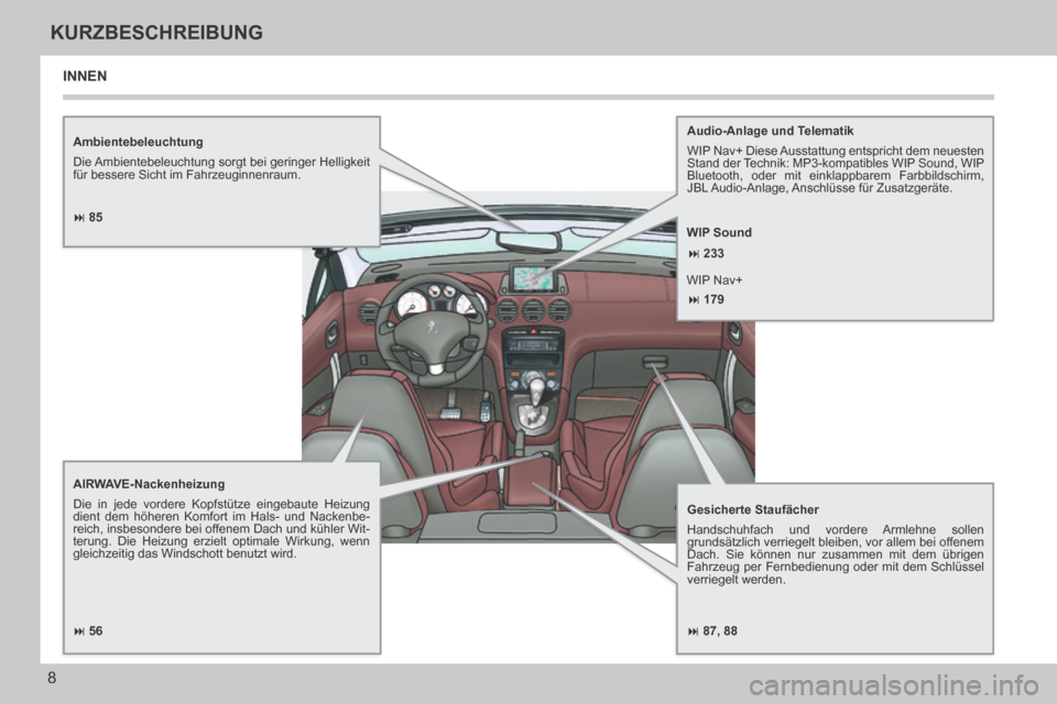 Peugeot 308 CC 2014  Betriebsanleitung (in German)  87, 88
 85
 56
 233
 179
8
KURZBESCHREIBUNG
308cc_de_Chap00b_prise en main_ed01-2013_CA
  Ambientebeleuchtung 
 Die Ambientebeleuchtung sorgt bei geringer Helligkeit 
für bessere Sich