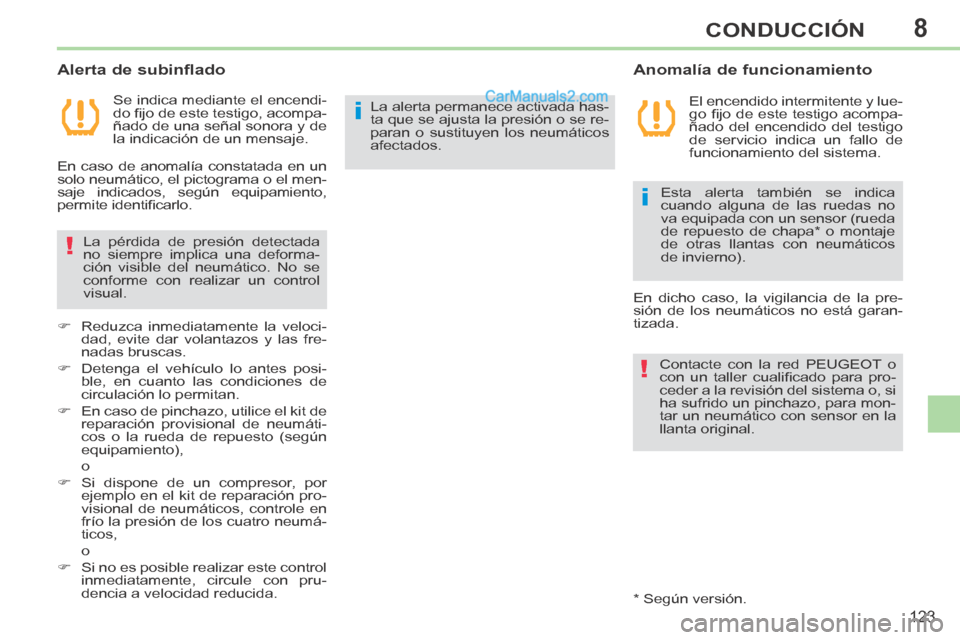 Peugeot 308 CC 2014 Manual del propietario (in Spanish) 8
i
!
i
!
123
CONDUCCIÓN
Se indica mediante el encendi-
do fi jo de este testigo, acompa-
ñado de una señal sonora y de
la indicación de un mensaje.
Anomalía de funcionamiento
Alerta Peugeot 308 CC 2014 Manual del propietario (in Spanish) 8
i
!
i
!
123
CONDUCCIÓN
Se indica mediante el encendi-
do fi jo de este testigo, acompa-
ñado de una señal sonora y de
la indicación de un mensaje.
Anomalía de funcionamiento
Alerta