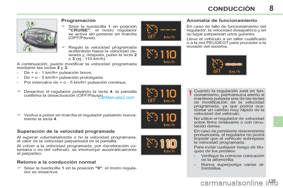 Peugeot 308 CC 2014 Manual del propietario (in Spanish) 8
!
127
CONDUCCIÓN
Cuando la regulación está en fun-
cionamiento, permanezca atento si
mantiene pulsada una de las teclas
de modifi cación de la velocidad
programada, ya que podría oca-
s Peugeot 308 CC 2014 Manual del propietario (in Spanish) 8
!
127
CONDUCCIÓN
Cuando la regulación está en fun-
cionamiento, permanezca atento si
mantiene pulsada una de las teclas
de modifi cación de la velocidad
programada, ya que podría oca-
s