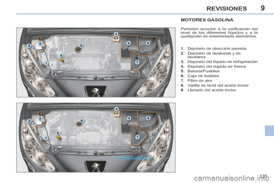 Peugeot 308 CC 2014 Manual del propietario (in Spanish) 9
133
REVISIONES
MOTORES GASOLINA
Permiten acceder a la verifi cación del
nivel de los diferentes líquidos y a la
sustitución de determinadis elementos.
1. Depósito de dirección a Peugeot 308 CC 2014 Manual del propietario (in Spanish) 9
133
REVISIONES
MOTORES GASOLINA
Permiten acceder a la verifi cación del
nivel de los diferentes líquidos y a la
sustitución de determinadis elementos.
1. Depósito de dirección a