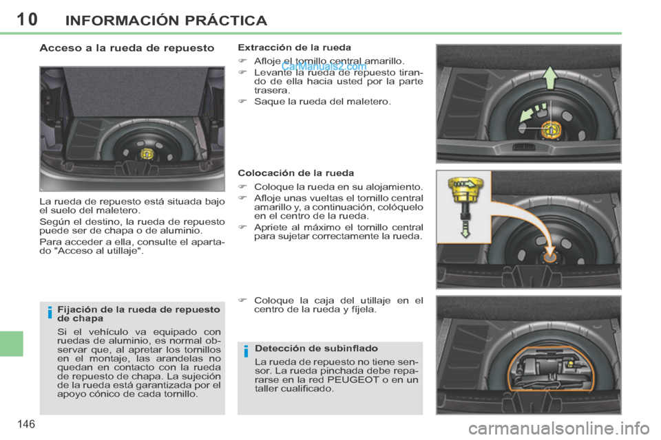 Peugeot 308 CC 2014 Manual del propietario (in Spanish) 10
i
i
146
INFORMACIÓN PRÁCTICA
Fijación de la rueda de repuesto
de chapa
Si el vehículo va equipado con
ruedas de aluminio, es normal ob-
servar que, al apretar los tornillos
en el montaje Peugeot 308 CC 2014 Manual del propietario (in Spanish) 10
i
i
146
INFORMACIÓN PRÁCTICA
Fijación de la rueda de repuesto
de chapa
Si el vehículo va equipado con
ruedas de aluminio, es normal ob-
servar que, al apretar los tornillos
en el montaje
