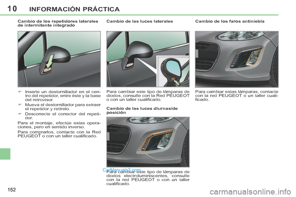 Peugeot 308 CC 2014 Manual del propietario (in Spanish) 10
152
INFORMACIÓN PRÁCTICA
Cambio de los faros antiniebla
Para cambiar estas lámparas, contacte
con la red PEUGEOT o un taller cuali-
fi cado.
Cambio de las luces laterale Peugeot 308 CC 2014 Manual del propietario (in Spanish) 10
152
INFORMACIÓN PRÁCTICA
Cambio de los faros antiniebla
Para cambiar estas lámparas, contacte
con la red PEUGEOT o un taller cuali-
fi cado.
Cambio de las luces laterale