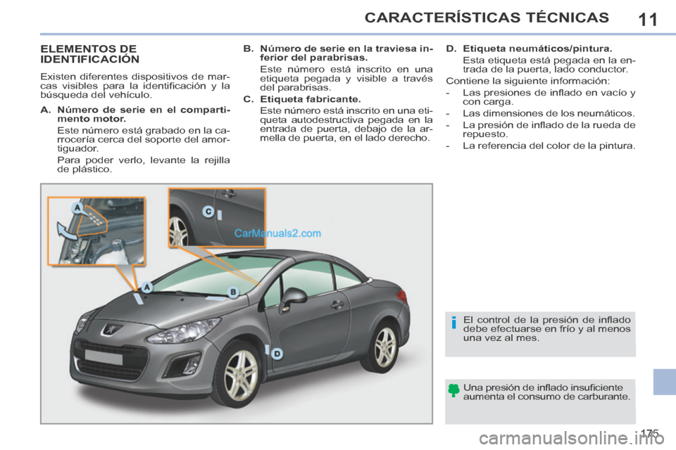 Peugeot 308 CC 2014 Manual del propietario (in Spanish) 11
i
175
CARACTERÍSTICAS TÉCNICAS
ELEMENTOS DE IDENTIFICACIÓN
Existen diferentes dispositivos de mar-
cas visibles para la identifi cación y la
búsqueda del vehículo. Una presión de Peugeot 308 CC 2014 Manual del propietario (in Spanish) 11
i
175
CARACTERÍSTICAS TÉCNICAS
ELEMENTOS DE IDENTIFICACIÓN
Existen diferentes dispositivos de mar-
cas visibles para la identifi cación y la
búsqueda del vehículo. Una presión de