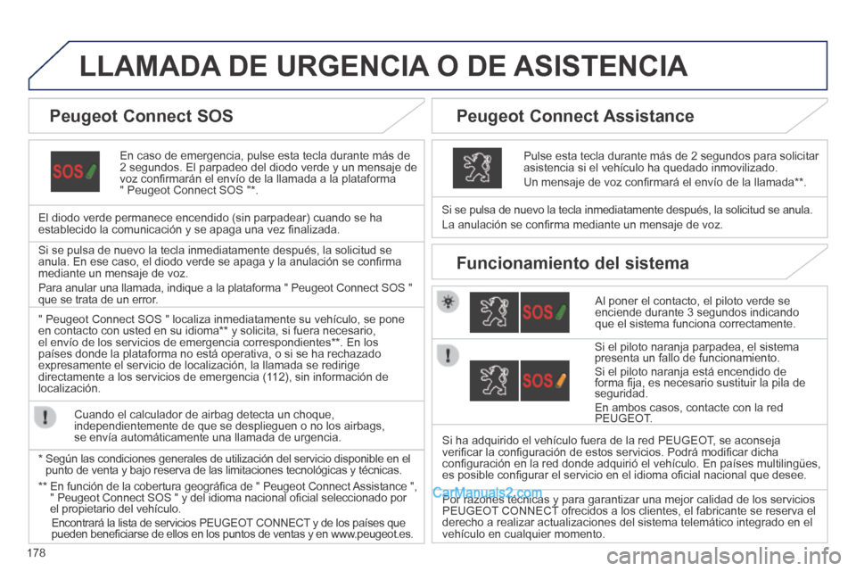 Peugeot 308 CC 2014 Manual del propietario (in Spanish) 178
LLAMADA DE URGENCIA O DE ASISTENCIA
En caso de emergencia, pulse esta tecla durante más de 2 segundos. El parpadeo del diodo verde y un mensaje de voz confi rmarán el envío de la llamada a Peugeot 308 CC 2014 Manual del propietario (in Spanish) 178
LLAMADA DE URGENCIA O DE ASISTENCIA
En caso de emergencia, pulse esta tecla durante más de 2 segundos. El parpadeo del diodo verde y un mensaje de voz confi rmarán el envío de la llamada a
