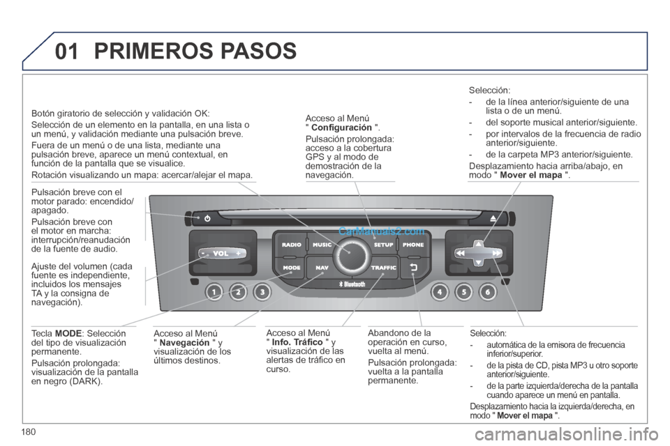 Peugeot 308 CC 2014  Manual del propietario (in Spanish) 01
180
  Selección: 
   -   automática de la emisora de frecuencia inferior/superior. 
  -   de la pista de CD, pista MP3 u otro soporte anterior/siguiente. 
  -   de la parte izquierda/derecha de l