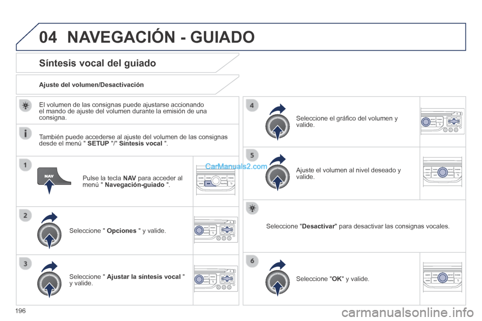 Peugeot 308 CC 2014 Manual del propietario (in Spanish) 04
196
Pulse la tecla N AV para acceder al menú " Navegación-guiado ".
Síntesis vocal del guiado
Seleccione " Opciones " y valide.
Ajuste del volumen/Desactivación
Selecc Peugeot 308 CC 2014 Manual del propietario (in Spanish) 04
196
Pulse la tecla N AV para acceder al menú " Navegación-guiado ".
Síntesis vocal del guiado
Seleccione " Opciones " y valide.
Ajuste del volumen/Desactivación
Selecc