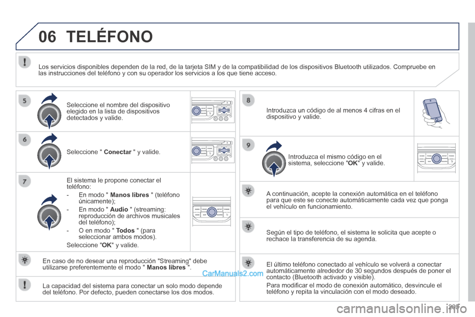 Peugeot 308 CC 2014  Manual del propietario (in Spanish) 06
203
 TELÉFONO 
  Seleccione  "   Conectar  " y valide.  Conectar  " y valide.  Conectar
  El sistema le propone conectar el teléfono: 
   -   En  modo  "   Manos libres  " (teléfono únicamente)