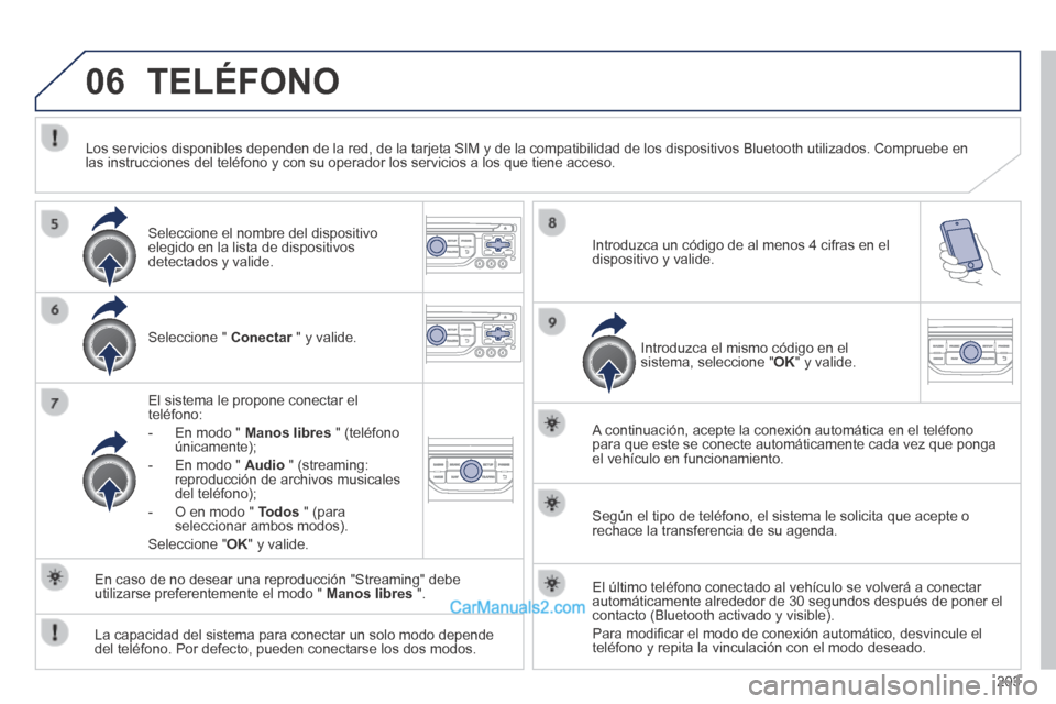 Peugeot 308 CC 2014 Manual del propietario (in Spanish) 06
203
TELÉFONO
Seleccione " Conectar " y valide. Conectar " y valide. Conectar
El sistema le propone conectar el teléfono:
- En modo " Manos libres " (teléfono únicamente) Peugeot 308 CC 2014 Manual del propietario (in Spanish) 06
203
TELÉFONO
Seleccione " Conectar " y valide. Conectar " y valide. Conectar
El sistema le propone conectar el teléfono:
- En modo " Manos libres " (teléfono únicamente)
