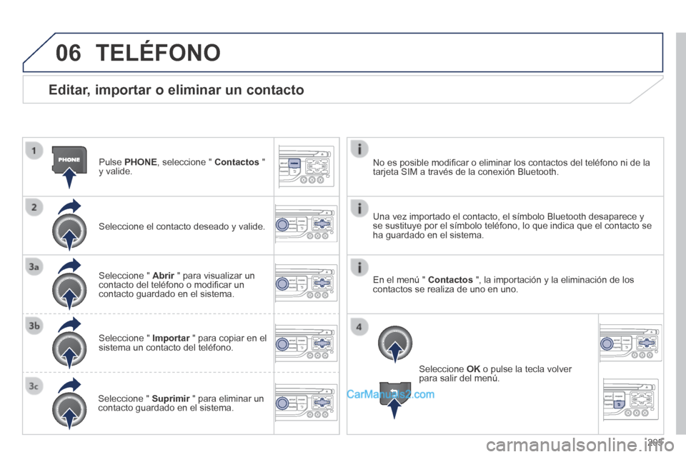 Peugeot 308 CC 2014  Manual del propietario (in Spanish) 06
205
  Editar, importar o eliminar un contacto 
  Pulse   PHONE , seleccione "  Contactos   " y  valide.  
  Seleccione el contacto deseado y valide.  
  Seleccione  "   Abrir  " para visualizar un 