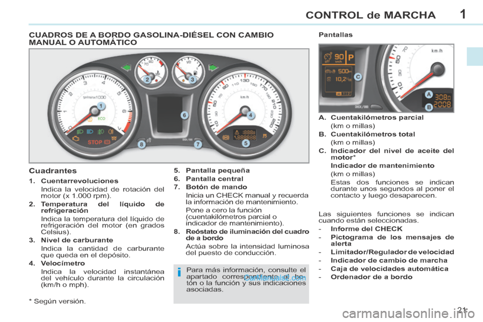 Peugeot 308 CC 2014  Manual del propietario (in Spanish) 1
i
21
CONTROL de MARCHA
308cc_es_Chap01_controle de marche_ed01-2013_CA1
CUADROS DE A BORDO GASOLINA-DIÉSEL CON CAMBIO MANUAL O AUTOMÁTICO 
  5.    Pantalla pequeña  
  6.    Pantalla central  
  