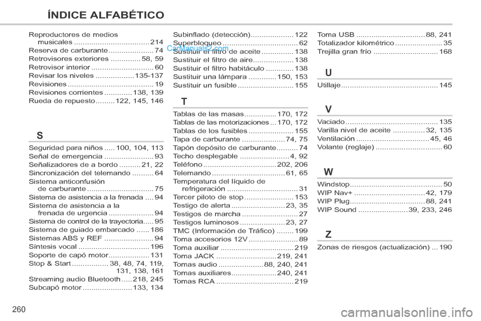 Peugeot 308 CC 2014  Manual del propietario (in Spanish) 260
ÍNDICE ALFABÉTICO
Utillaje .............................................145
Vaciado ...........................................135
Varilla nivel de aceite ...............32, 135
Ventilación ...