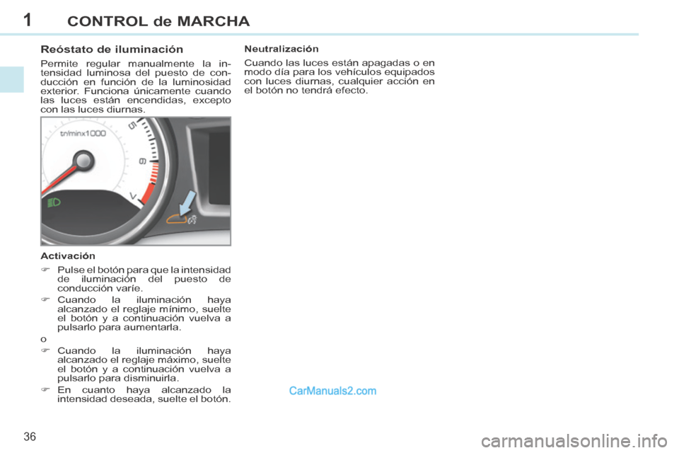 Peugeot 308 CC 2014 Manual del propietario (in Spanish) 1
36
CONTROL de MARCHA
308cc_es_Chap01_controle de marche_ed01-2013_CA1
Reóstato de iluminación
Permite regular manualmente la in-
tensidad luminosa del puesto de con-
ducción en funci Peugeot 308 CC 2014 Manual del propietario (in Spanish) 1
36
CONTROL de MARCHA
308cc_es_Chap01_controle de marche_ed01-2013_CA1
Reóstato de iluminación
Permite regular manualmente la in-
tensidad luminosa del puesto de con-
ducción en funci