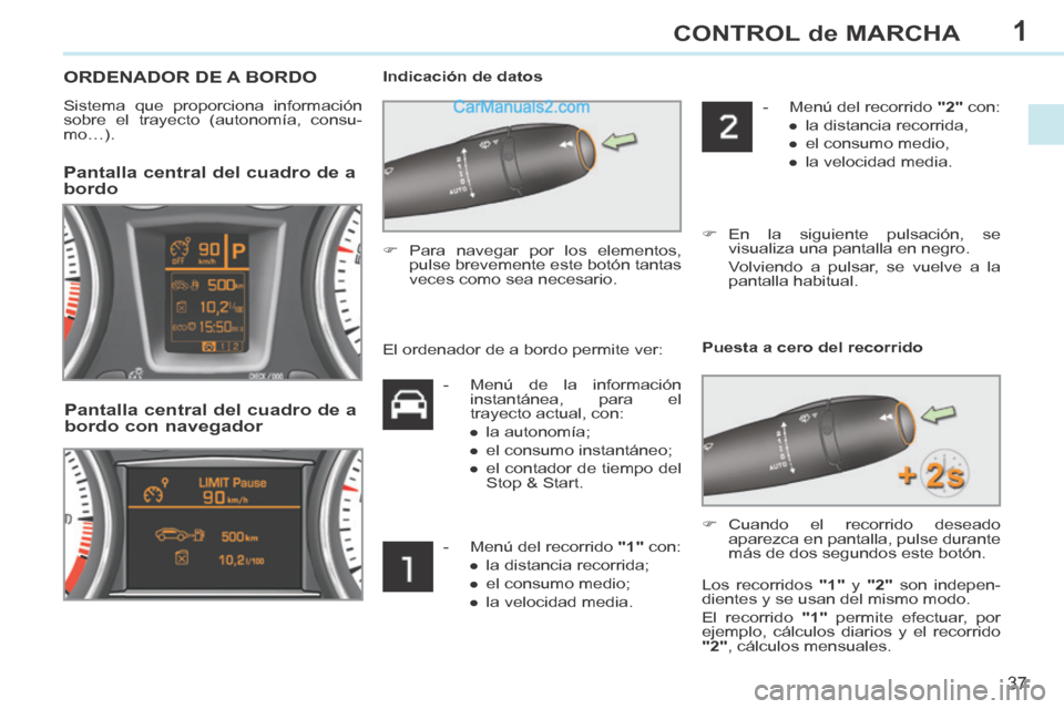 Peugeot 308 CC 2014 Manual del propietario (in Spanish) 1
37
CONTROL de MARCHA
308cc_es_Chap01_controle de marche_ed01-2013_CA1
ORDENADOR DE A BORDO
Sistema que proporciona información
sobre el trayecto (autonomía, consu-
mo…). Indicación de Peugeot 308 CC 2014 Manual del propietario (in Spanish) 1
37
CONTROL de MARCHA
308cc_es_Chap01_controle de marche_ed01-2013_CA1
ORDENADOR DE A BORDO
Sistema que proporciona información
sobre el trayecto (autonomía, consu-
mo…). Indicación de