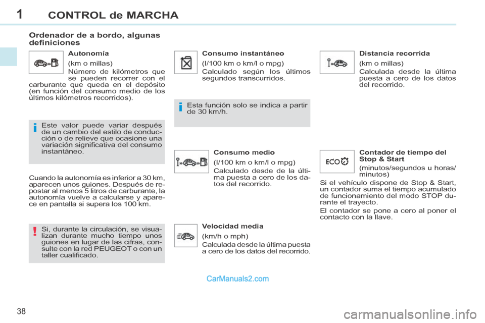Peugeot 308 CC 2014 Manual del propietario (in Spanish) 1
!
i
i
38
CONTROL de MARCHA
308cc_es_Chap01_controle de marche_ed01-2013_CA1
Ordenador de a bordo, algunas
definiciones
Cuando la autonomía es inferior a 30 km,
aparecen unos guiones. D Peugeot 308 CC 2014 Manual del propietario (in Spanish) 1
!
i
i
38
CONTROL de MARCHA
308cc_es_Chap01_controle de marche_ed01-2013_CA1
Ordenador de a bordo, algunas
definiciones
Cuando la autonomía es inferior a 30 km,
aparecen unos guiones. D