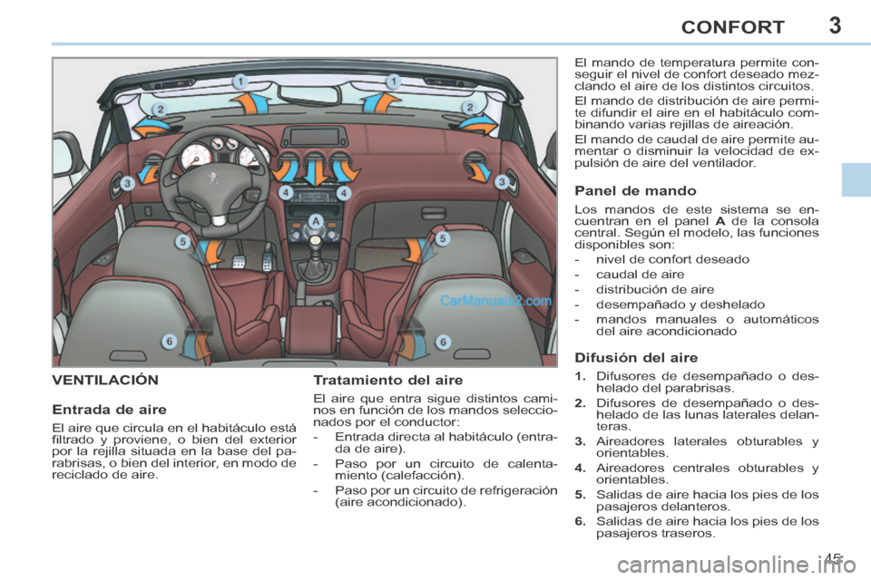 Peugeot 308 CC 2014 Manual del propietario (in Spanish) 3
45
CONFORT
308cc_es_Chap03_confort_ed01-2013_CA1
VENTILACIÓN Tratamiento del aire
El aire que entra sigue distintos cami-
nos en función de los mandos seleccio-
nados por el conductor:
- Peugeot 308 CC 2014 Manual del propietario (in Spanish) 3
45
CONFORT
308cc_es_Chap03_confort_ed01-2013_CA1
VENTILACIÓN Tratamiento del aire
El aire que entra sigue distintos cami-
nos en función de los mandos seleccio-
nados por el conductor:
-