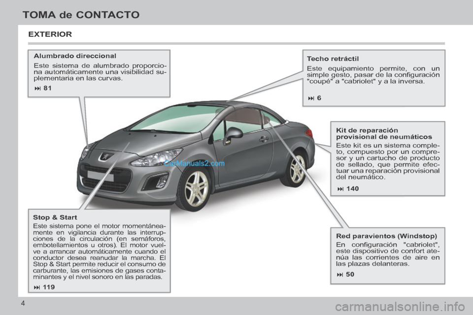 Peugeot 308 CC 2014 Manual del propietario (in Spanish) 81 140
50
11 9
6
4
TOMA de CONTACTO
308cc_es_Chap00b_prise en main_ed01-2013_CA1
Alumbrado direccional
Este sistema de alumbrado proporcio-
na automáticamente una visibilidad Peugeot 308 CC 2014 Manual del propietario (in Spanish) 81 140
50
11 9
6
4
TOMA de CONTACTO
308cc_es_Chap00b_prise en main_ed01-2013_CA1
Alumbrado direccional
Este sistema de alumbrado proporcio-
na automáticamente una visibilidad