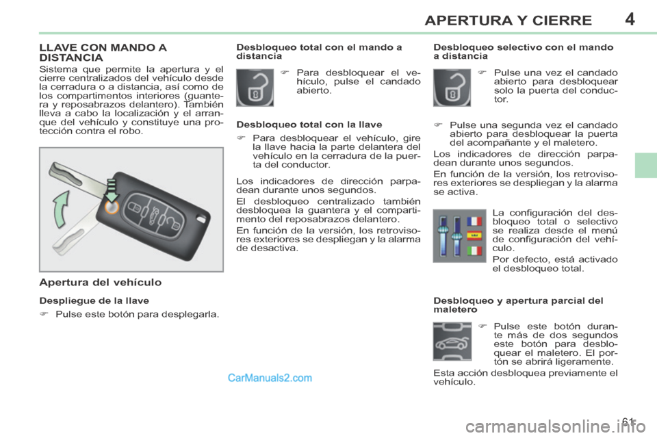 Peugeot 308 CC 2014 Manual del propietario (in Spanish) 4
61
APERTURA Y CIERRE
308cc_es_Chap04_ouvertures_ed01-2013_CA1
Desbloqueo y apertura parcial del
maletero Pulse este botón duran-te más de dos segundos
este botón para desb Peugeot 308 CC 2014 Manual del propietario (in Spanish) 4
61
APERTURA Y CIERRE
308cc_es_Chap04_ouvertures_ed01-2013_CA1
Desbloqueo y apertura parcial del
maletero Pulse este botón duran-te más de dos segundos
este botón para desb