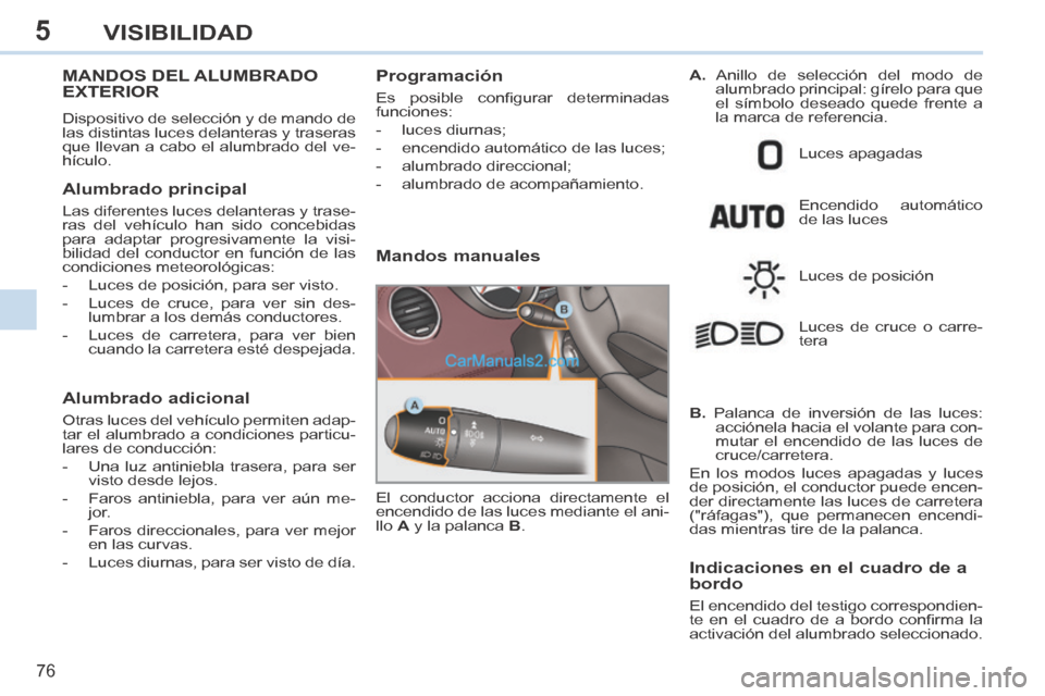 Peugeot 308 CC 2014 Manual del propietario (in Spanish) 5
76
VISIBILIDAD
MANDOS DEL ALUMBRADO EXTERIOR
Dispositivo de selección y de mando de
las distintas luces delanteras y traseras
que llevan a cabo el alumbrado del ve-
hículo.
Alumbrado princ Peugeot 308 CC 2014 Manual del propietario (in Spanish) 5
76
VISIBILIDAD
MANDOS DEL ALUMBRADO EXTERIOR
Dispositivo de selección y de mando de
las distintas luces delanteras y traseras
que llevan a cabo el alumbrado del ve-
hículo.
Alumbrado princ