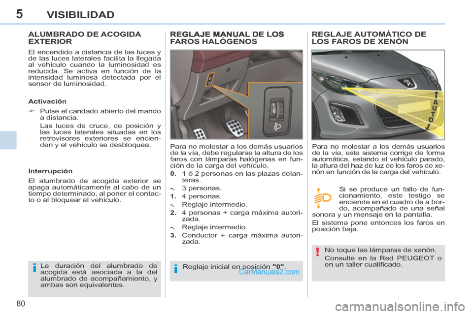 Peugeot 308 CC 2014  Manual del propietario (in Spanish) 5
ii
!
80
VISIBILIDAD
ALUMBRADO DE ACOGIDA EXTERIOR 
  El encendido a distancia de las luces y 
de las luces laterales facilita la llegada 
al vehículo cuando la luminosidad es 
reducida. Se activa e