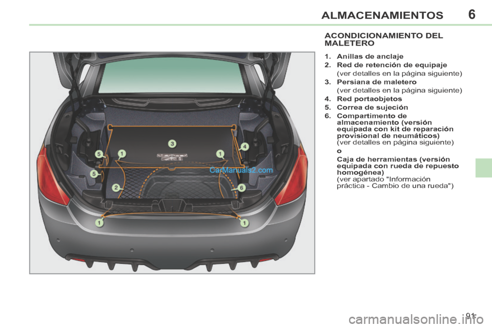 Peugeot 308 CC 2014 Manual del propietario (in Spanish) 6
91
ALMACENAMIENTOS
ACONDICIONAMIENTO DEL MALETERO
1. Anillas de anclaje
2. Red de retención de equipaje
(ver detalles en la página siguiente)
3. Persiana de maletero Peugeot 308 CC 2014 Manual del propietario (in Spanish) 6
91
ALMACENAMIENTOS
ACONDICIONAMIENTO DEL MALETERO
1. Anillas de anclaje
2. Red de retención de equipaje
(ver detalles en la página siguiente)
3. Persiana de maletero