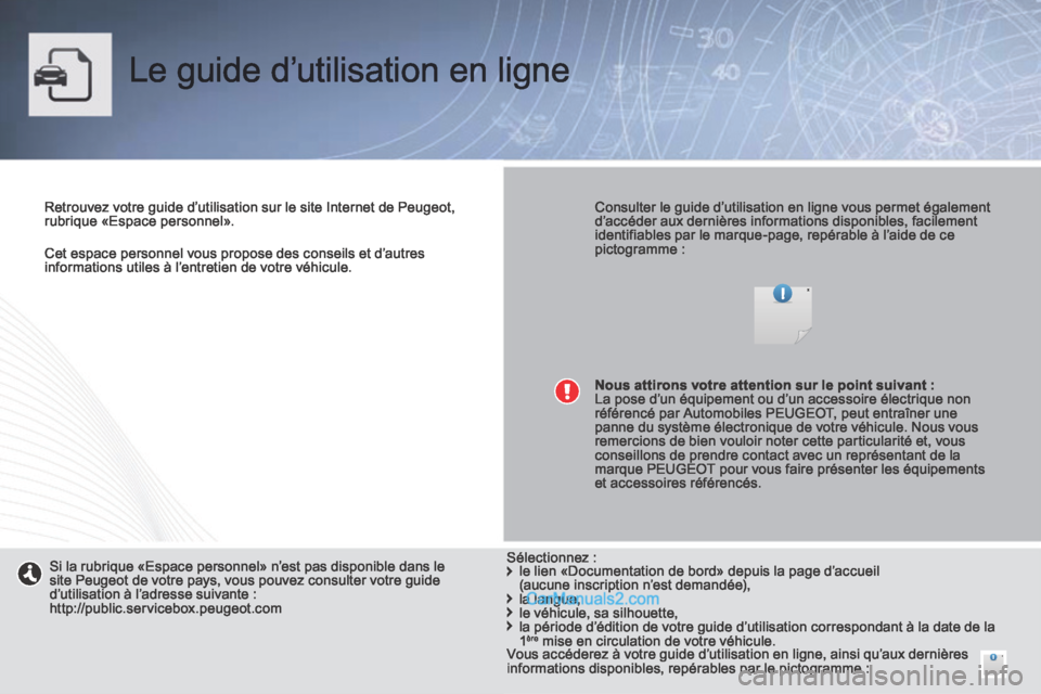 Peugeot 308 CC 2014  Manuel du propriétaire (in French)    Cet espace personnel vous propose des conseils et d’autres informations utiles à l’entretien de votre véhicule.   
 Le guide d’utilisation en ligne  
  Retrouvez votre guide d’utilisation