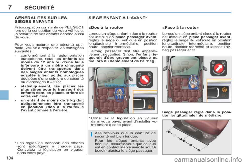 Peugeot 308 CC 2014 Manuel du propriétaire (in French) 7
i
104
SÉCURITÉ
GÉNÉRALITÉS SUR LES SIÈGES ENFANTS
Préoccupation constante de PEUGEOT
lors de la conception de votre véhicule,
la sécurité de vos enfants dépend aussi
de Peugeot 308 CC 2014 Manuel du propriétaire (in French) 7
i
104
SÉCURITÉ
GÉNÉRALITÉS SUR LES SIÈGES ENFANTS
Préoccupation constante de PEUGEOT
lors de la conception de votre véhicule,
la sécurité de vos enfants dépend aussi
de