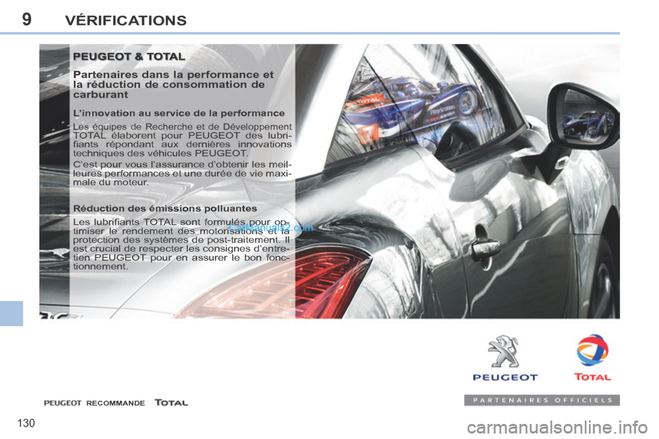 Peugeot 308 CC 2014  Manuel du propriétaire (in French) 9
130
VÉRIFICATIONS
 PEUGEOT & TOTAL  PEUGEOT & TOTAL 
  Partenaires dans la performance et 
la réduction de consommation de 
carburant 
  L’innovation au service de la performance 
 Les équipes 