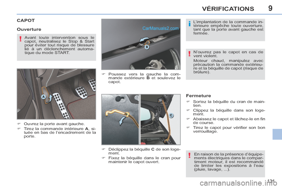 Peugeot 308 CC 2014  Manuel du propriétaire (in French) 9
i
!
!
!
131
VÉRIFICATIONS
CAPOT 
      Ouvrez la porte avant gauche. 
     Tirez la commande intérieure  A ,  si-
tuée en bas de l’encadrement de la 
porte.      Poussez vers la gauche
