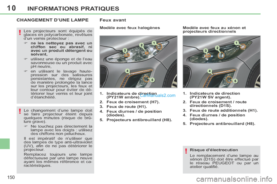 Peugeot 308 CC 2014  Manuel du propriétaire (in French) 10
!
!
!
150
INFORMATIONS PRATIQUES
  Risque  d’électrocution 
 Le remplacement d’une lampe au 
xénon (D1S) doit être effectué par 
le réseau PEUGEOT ou par un 
atelier qualiﬁ é.   
CHANGE