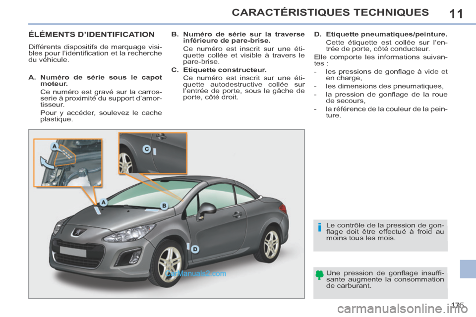 Peugeot 308 CC 2014 Manuel du propriétaire (in French) 11
i
175
CARACTÉRISTIQUES TECHNIQUES
ÉLÉMENTS D’IDENTIFICATION
Différents dispositifs de marquage visi-
bles pour l’identifi cation et la recherche
du véhicule. Une pression de gon Peugeot 308 CC 2014 Manuel du propriétaire (in French) 11
i
175
CARACTÉRISTIQUES TECHNIQUES
ÉLÉMENTS D’IDENTIFICATION
Différents dispositifs de marquage visi-
bles pour l’identifi cation et la recherche
du véhicule. Une pression de gon