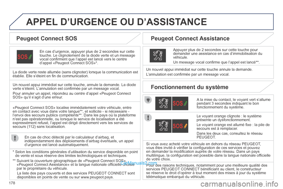 Peugeot 308 CC 2014 Manuel du propriétaire (in French) 178
APPEL D’URGENCE OU D’ASSISTANCE
En cas d’urgence, appuyer plus de 2 secondes sur cette touche. Le clignotement de la diode verte et un message vocal confi rment que l’appel est lancé Peugeot 308 CC 2014 Manuel du propriétaire (in French) 178
APPEL D’URGENCE OU D’ASSISTANCE
En cas d’urgence, appuyer plus de 2 secondes sur cette touche. Le clignotement de la diode verte et un message vocal confi rment que l’appel est lancé