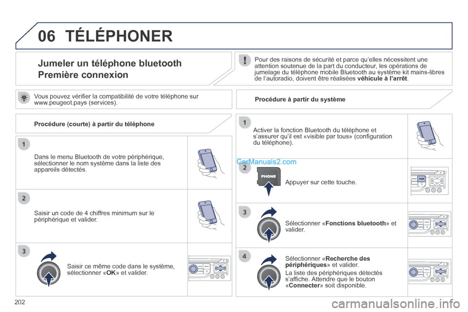 Peugeot 308 CC 2014 Manuel du propriétaire (in French) 06
202
TÉLÉPHONER
Jumeler un téléphone bluetooth
Première connexion
Pour des raisons de sécurité et parce qu’elles nécessitent u\
ne attention soutenue de la part du conducteur, les o Peugeot 308 CC 2014 Manuel du propriétaire (in French) 06
202
TÉLÉPHONER
Jumeler un téléphone bluetooth
Première connexion
Pour des raisons de sécurité et parce qu’elles nécessitent u\
ne attention soutenue de la part du conducteur, les o