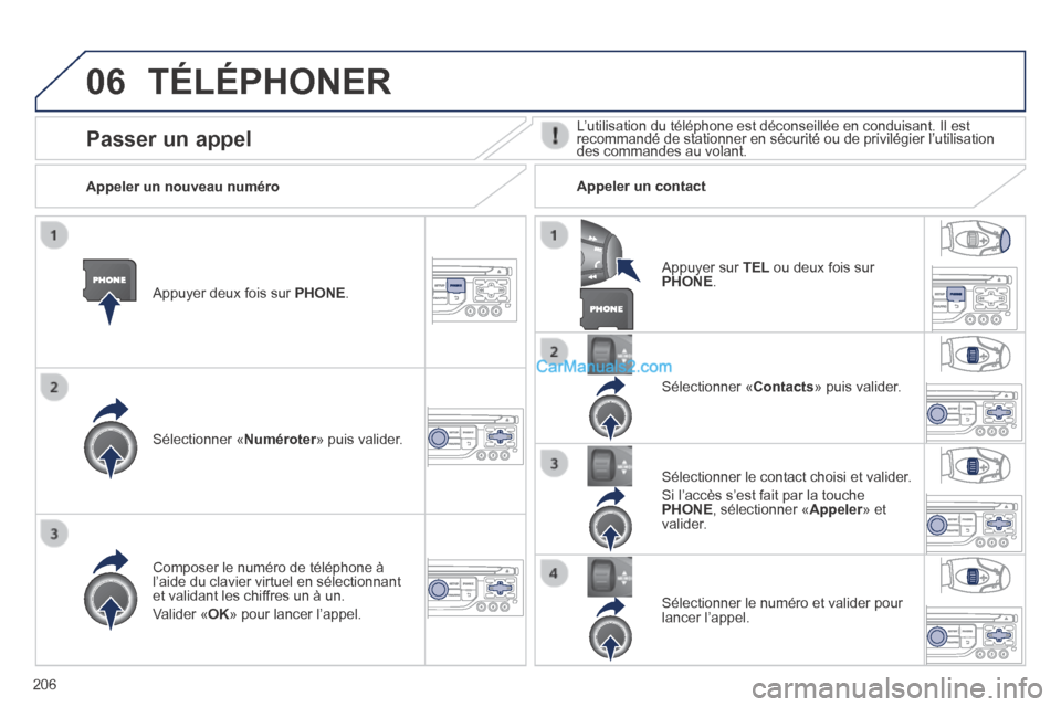 Peugeot 308 CC 2014 Manuel du propriétaire (in French) 06
206
TÉLÉPHONER
Appuyer deux fois sur PHONE .
Sélectionner « Numéroter » puis valider. Numéroter » puis valider. Numéroter
Sélectionner « Contacts » puis valider.
Peugeot 308 CC 2014 Manuel du propriétaire (in French) 06
206
TÉLÉPHONER
Appuyer deux fois sur PHONE .
Sélectionner « Numéroter » puis valider. Numéroter » puis valider. Numéroter
Sélectionner « Contacts » puis valider.
