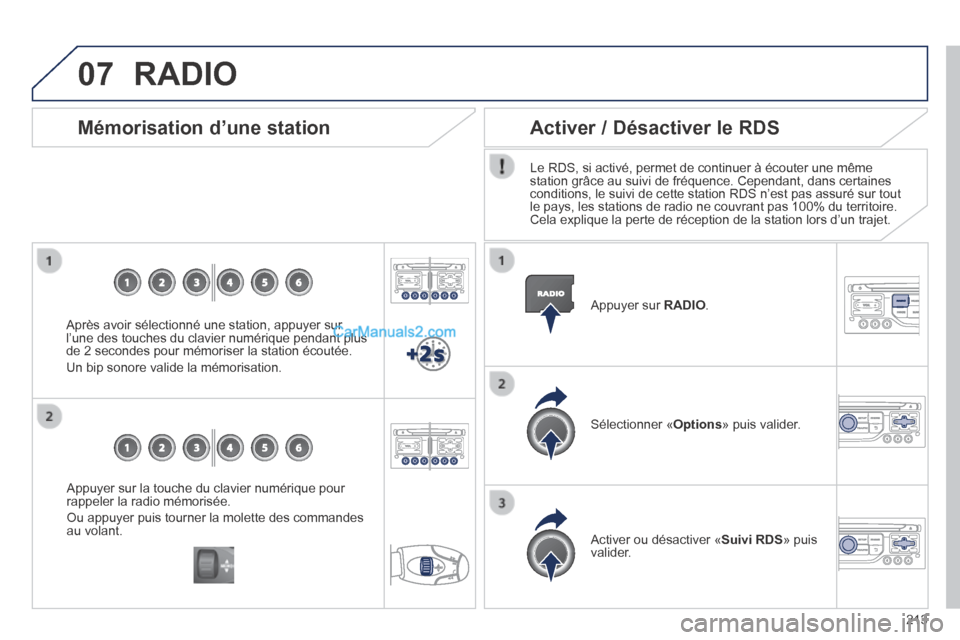 Peugeot 308 CC 2014 Manuel du propriétaire (in French) 07
213
Appuyer sur la touche du clavier numérique pour rappeler la radio mémorisée.
Ou appuyer puis tourner la molette des commandes au volant.
Mémorisation d’une station
Après a Peugeot 308 CC 2014 Manuel du propriétaire (in French) 07
213
Appuyer sur la touche du clavier numérique pour rappeler la radio mémorisée.
Ou appuyer puis tourner la molette des commandes au volant.
Mémorisation d’une station
Après a
