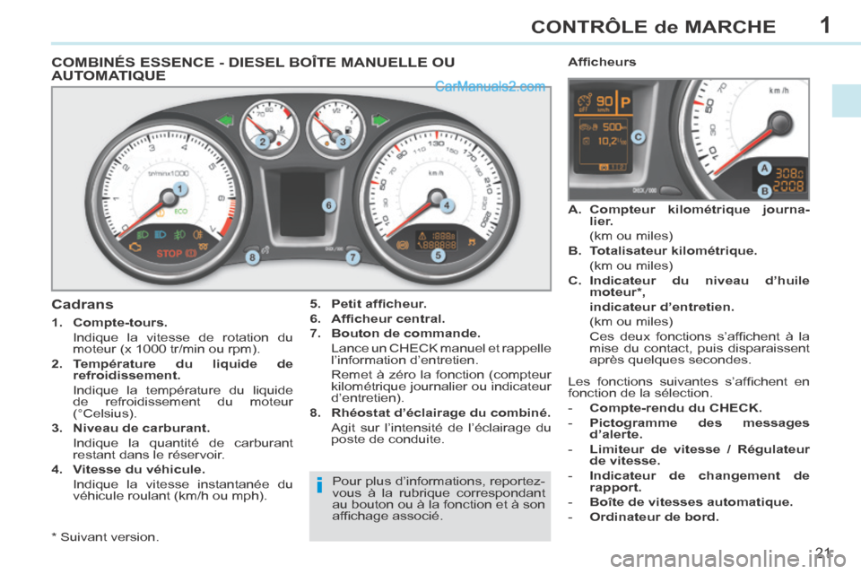 Peugeot 308 CC 2014  Manuel du propriétaire (in French) 1
i
21
CONTRÔLE de MARCHE
COMBINÉS ESSENCE - DIESEL BOÎTE MANUELLE OU AUTOMATIQUE 
  5.    Petit afﬁ cheur.  
  6.    Afﬁ cheur central.  
  7.    Bouton de commande.     
  Lance un CHECK manu