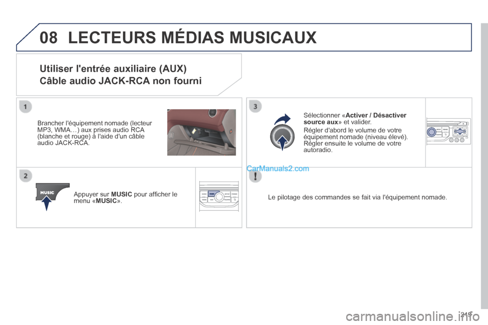 Peugeot 308 CC 2014 Manuel du propriétaire (in French) 08
219
LECTEURS MÉDIAS MUSICAUX
Utiliser lentrée auxiliaire (AUX)
Câble audio JACK-RCA non fourni
Brancher léquipement nomade (lecteur MP3, WMA…) aux prises audio RCA (blanche et rouge) Peugeot 308 CC 2014 Manuel du propriétaire (in French) 08
219
LECTEURS MÉDIAS MUSICAUX
Utiliser lentrée auxiliaire (AUX)
Câble audio JACK-RCA non fourni
Brancher léquipement nomade (lecteur MP3, WMA…) aux prises audio RCA (blanche et rouge)