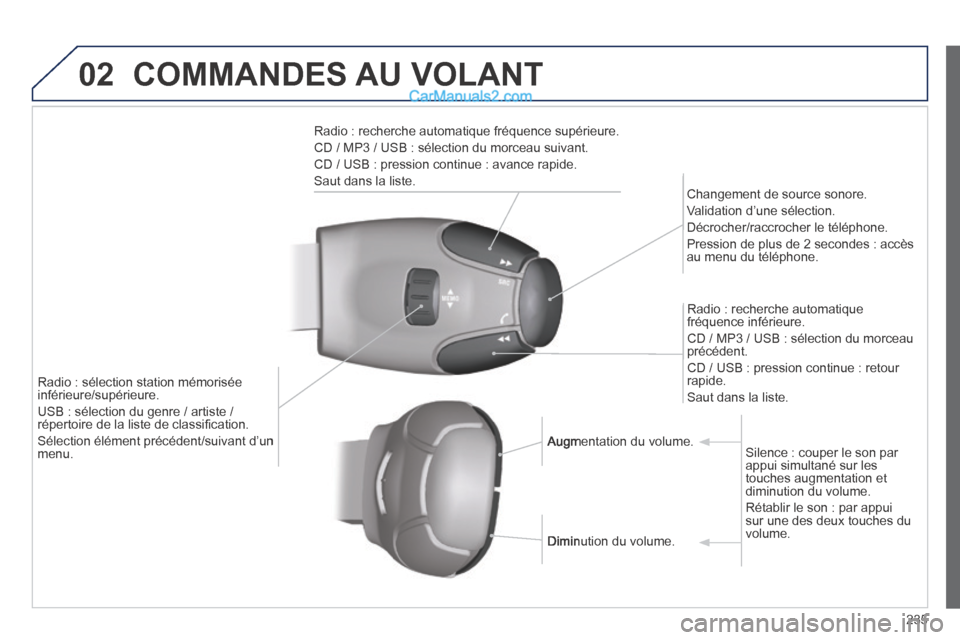 Peugeot 308 CC 2014  Manuel du propriétaire (in French) 02
235
 COMMANDES  AU  VOLANT 
  Radio : recherche automatique fréquence supérieure. 
 CD / MP3 / USB : sélection du morceau suivant. 
 CD / USB : pression continue : avance rapide. 
 Saut dans la 