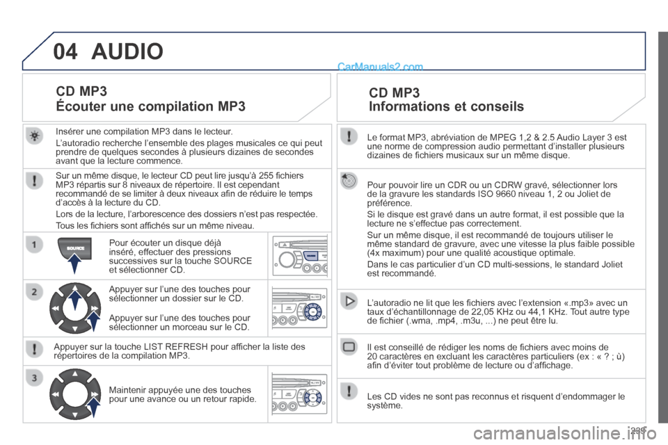 Peugeot 308 CC 2014  Manuel du propriétaire (in French) 04
239
  Le format MP3, abréviation de MPEG 1,2 & 2.5 Audio Layer 3 est une norme de compression audio permettant d’installer plusieurs dizaines de ﬁ chiers musicaux sur un même disque.  
  Pour
